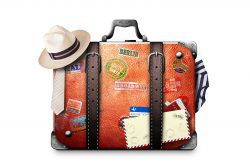 Retro suitcase of a traveler with travel stickers Retro suitcase of a traveler with travel stickers